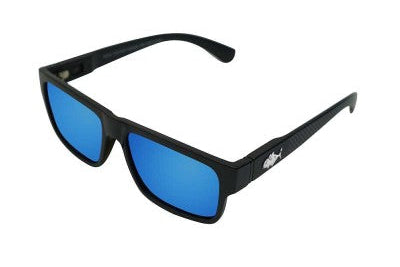 Black sunglasses with blue lenses on a white background