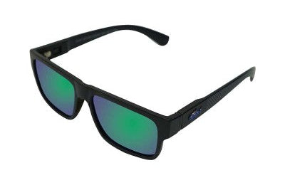 Sunglasses with a gray frame and dark lenses on a white background