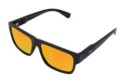 Black sunglasses with yellow lenses on a white background