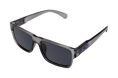 Sunglasses with a gray frame and dark lenses on a white background