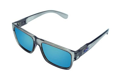 Sunglasses with blue lenses and gray frame on a white background