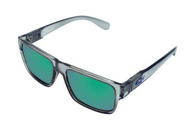 Sunglasses with green lenses and gray frame on a white background