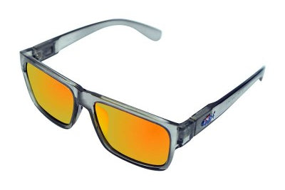 Sunglasses with orange lenses and gray frame on a white background