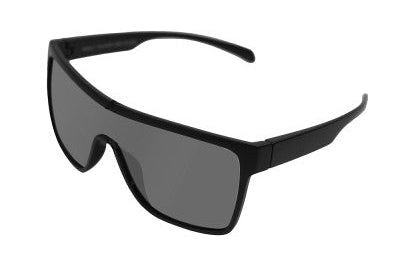 Sunglasses with black frame and blue-tinted lenses on a white background