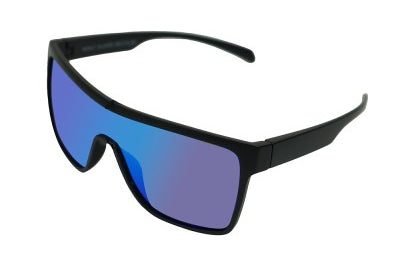 Sunglasses with black frame and blue-tinted lenses on a white background