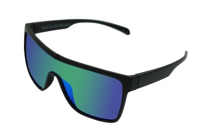 Sunglasses with black frame and blue-tinted lenses on a white background