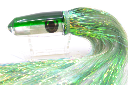 Moyes Lures White MOP Green Back Sicario Bullet 8" 4.8oz Flashabou Green/White