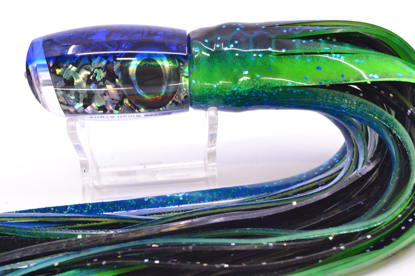 Moyes Lures S&P MOP Blue Back Taxi Eyes Small Argus 9" 3.5oz Skirted Black Aurora