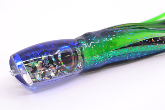 Moyes Lures S&P MOP Blue Back Taxi Eyes Small Argus 9" 3.5oz Skirted Black Aurora