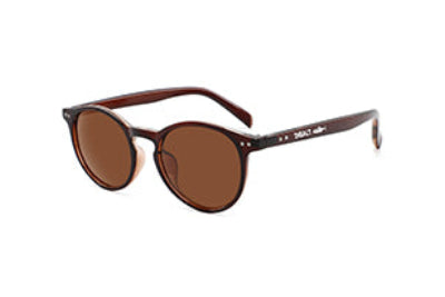 Round sunglasses with brown lenses on a white background