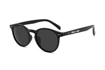 Black sunglasses with dark lenses on a white background