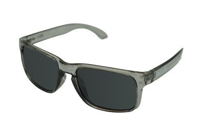 Sunglasses with a gray frame and dark lenses on a white background