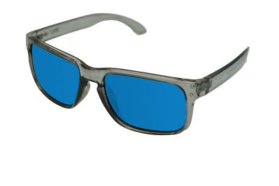 Sunglasses with blue lenses and gray frame on a white background