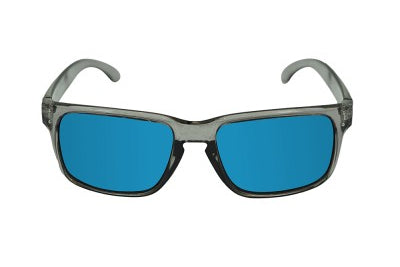 Sunglasses with blue lenses and gray frames on a white background