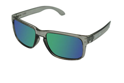 Sunglasses with blue lenses and gray frame on a white background
