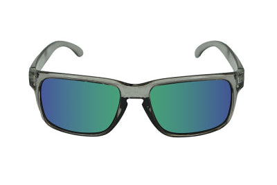 Sunglasses with blue lenses and gray frame on a white background