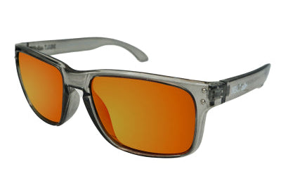 Sunglasses with orange lenses and gray frame on a white background