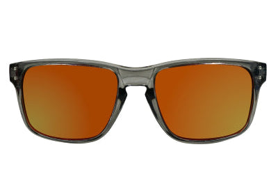 Sunglasses with orange lenses and dark frame on a white background