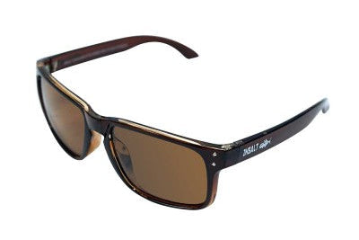 Sunglasses with brown lenses and black frame on a white background