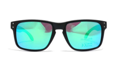 Black-framed sunglasses with green-tinted lenses on a white background