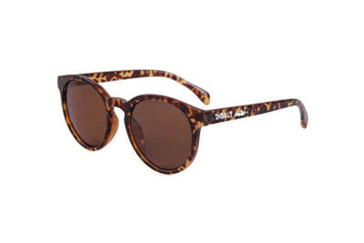 Sunglasses with leopard print frame and brown lenses on a white background