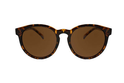 Sunglasses with tortoiseshell frame and brown lenses on a white background