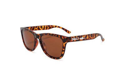 Sunglasses with leopard print frame and brown lenses on a white background