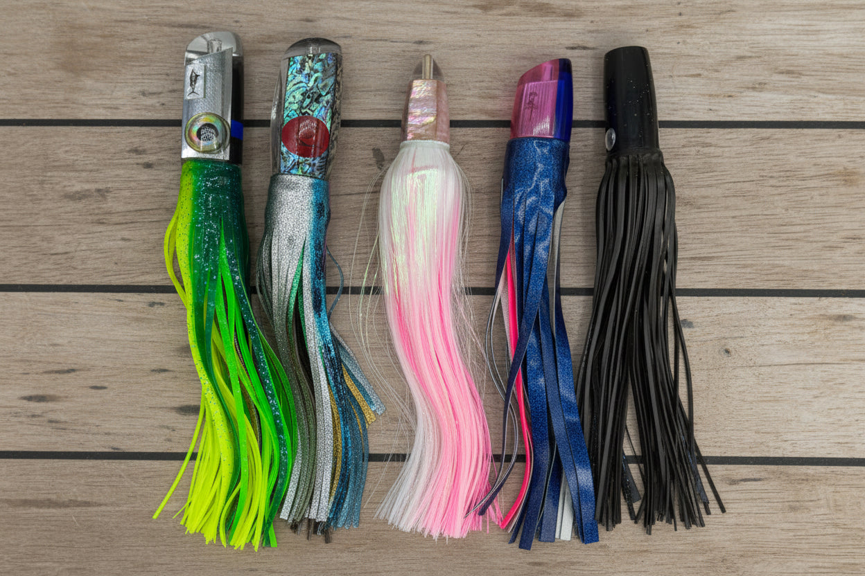 Collection of colorful fishing lures on a white background