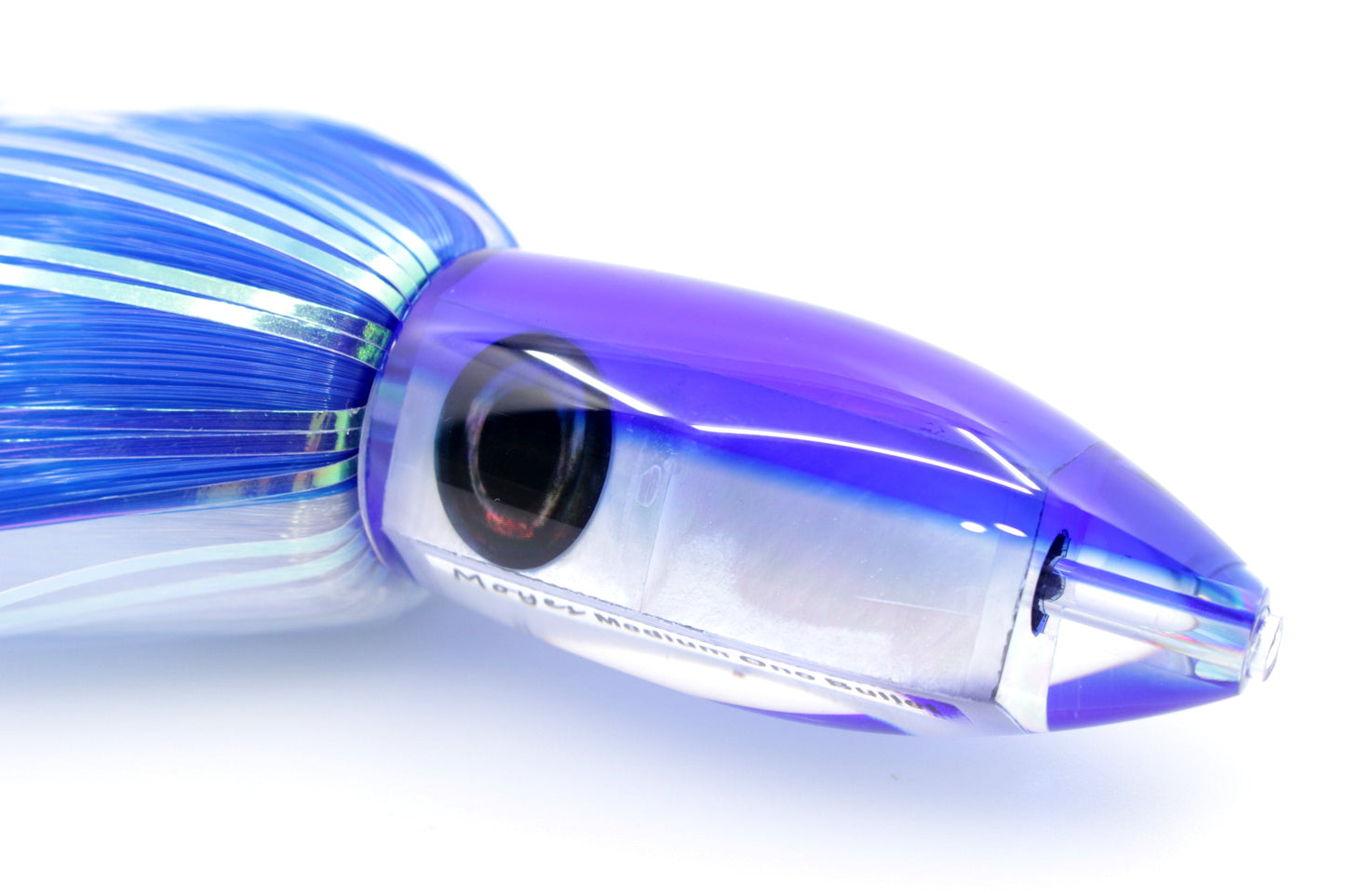 Moyes Lures White MOP Blue Back Medium Ono Bullet 9" 5.5oz Skirted Blue-White Hair