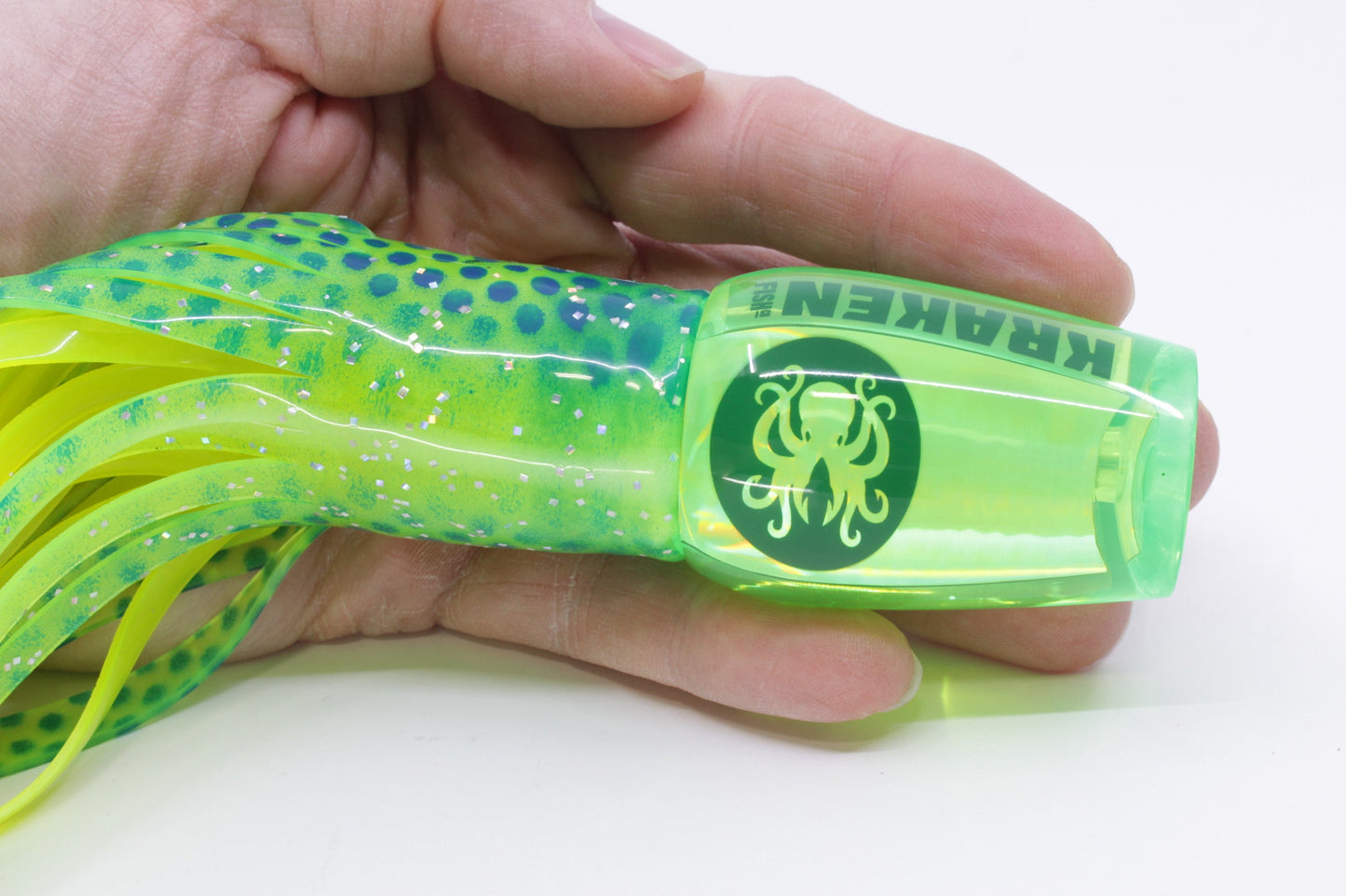 Kraken Fish Co. Lime Green Rainbow Hollow Point 9" 4oz Skirted Lumo-Blue Dots