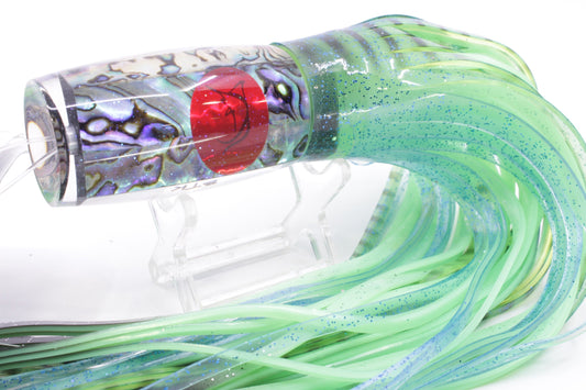Bonze Lures Paua Shell Red Eyes BTK 10" 7oz Skirted Pale Green-Black Stripes/Lumo