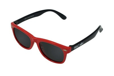 Red sunglasses with black frames on a white background