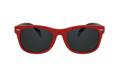 Red sunglasses with black frames on a white background