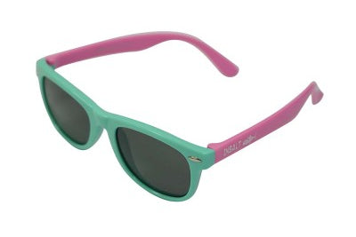 Sunglasses with pink arms and green lenses on a white background