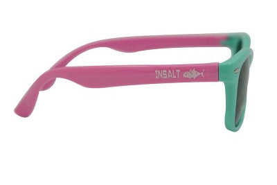 Pink and green sunglasses with 'Insalt' branding on a white background