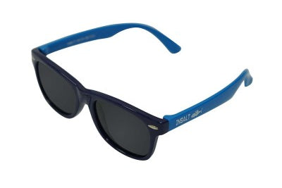 Blue sunglasses with black frames on a white background