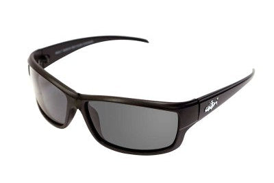 Black sunglasses with a brand logo on a white background
