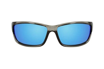 Sunglasses with blue reflective lenses on a white background