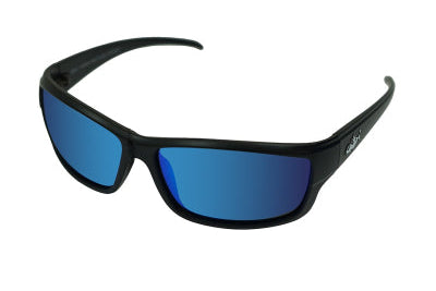 Black sunglasses with blue lenses on a white background