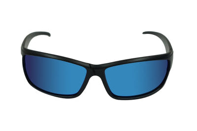 Black sunglasses with blue lenses on a white background