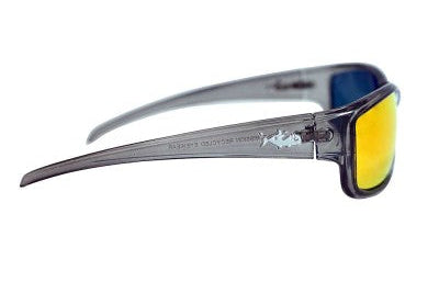 Sunglasses with yellow lenses and gray frame on a white background