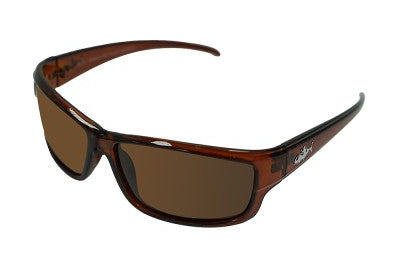 Brown sunglasses with a tortoiseshell frame on a white background