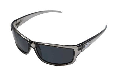Sunglasses with black frames and dark lenses on a white background
