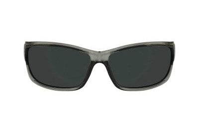 Sunglasses with dark lenses on a white background