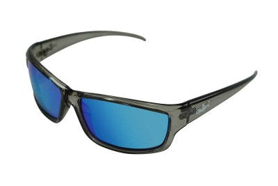 Sunglasses with blue lenses and black frame on a white background