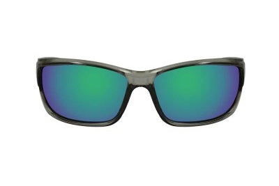 Sunglasses with green reflective lenses on a white background