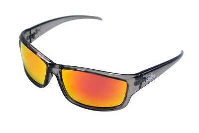 Sunglasses with red and orange lenses on a white background