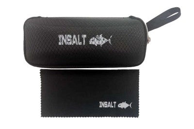 Black case with a microfiber cloth featuring 'INSALT' branding on a white background