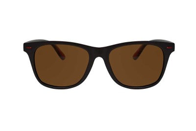 Black-framed sunglasses with brown lenses on a white background