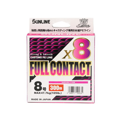 A package of Sunline Jighead full contact casting PE line, size 8, Sakura Pink, 300m. The box features a white background with bold pink and black text and graphics, including a large 'x8' and 'FULL CONTACT' text.